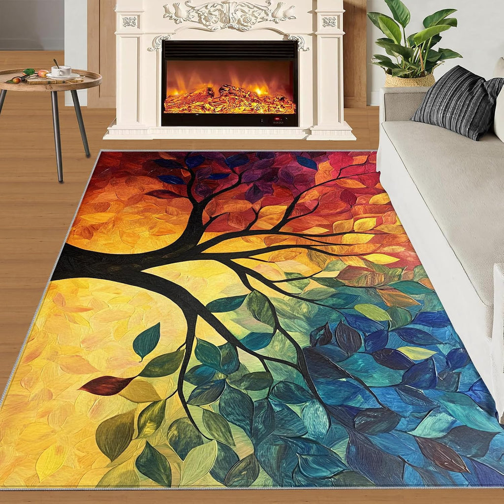 Colorful Tree Area Rug 6x8 - Tree of Life Large Rugs for Living Room, Impressionist Oil Painting Carpet Area Rug for Girls Bedroom Kids Room Basement Office Classroom