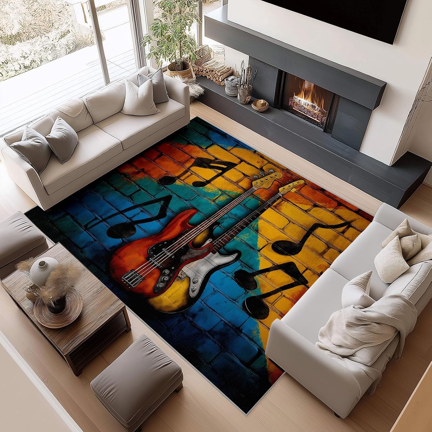 Washable Area Rug 6x9 ft Colorful Guitar Notes Living Room Rugs, Soft Low Pile Rug, No-Slip Floor Carpet, for Bedroom Dining Room Farmhouse Home Office 3D Print Rug