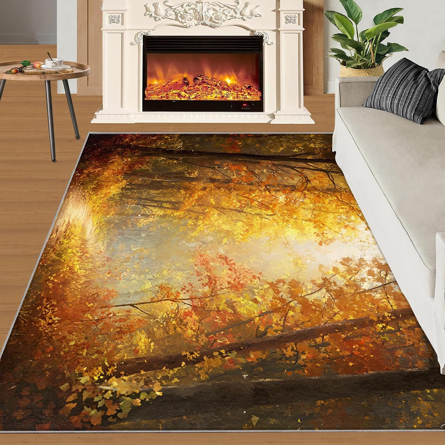 Autumn Forest Rug Large - 6x8 Rug, Fall Area Rugs for Bedroom, Maple Leaf Rugs for Living Room, Woodland Washable Mat, Landscape Carpet, Forest Home Decor & Gifts