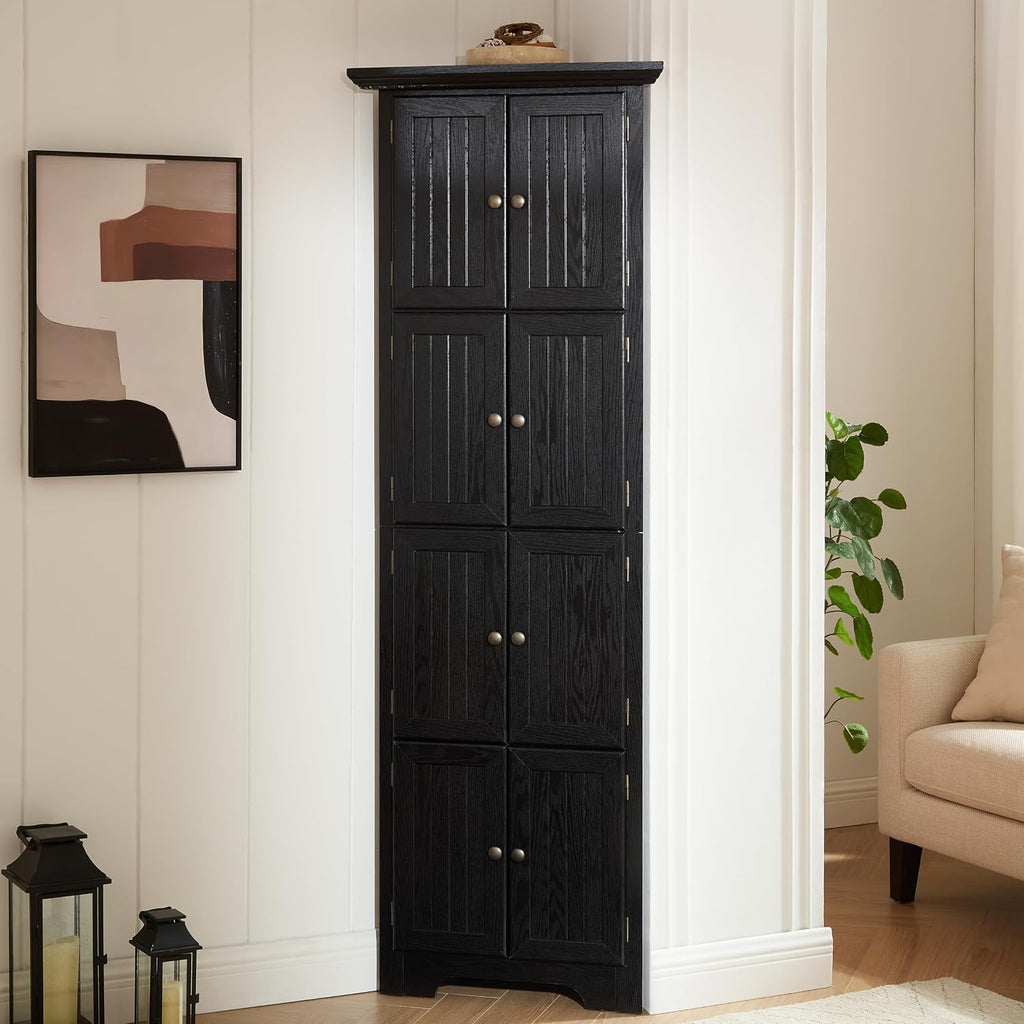 72' Sturdy Freestanding Storage Cabinet, Kitchen Storage Bakers Rack with Tiered Shelves, Utility Food Cupboard with Spacious Doors for Kitchen, Bathroom, Living Room, Black