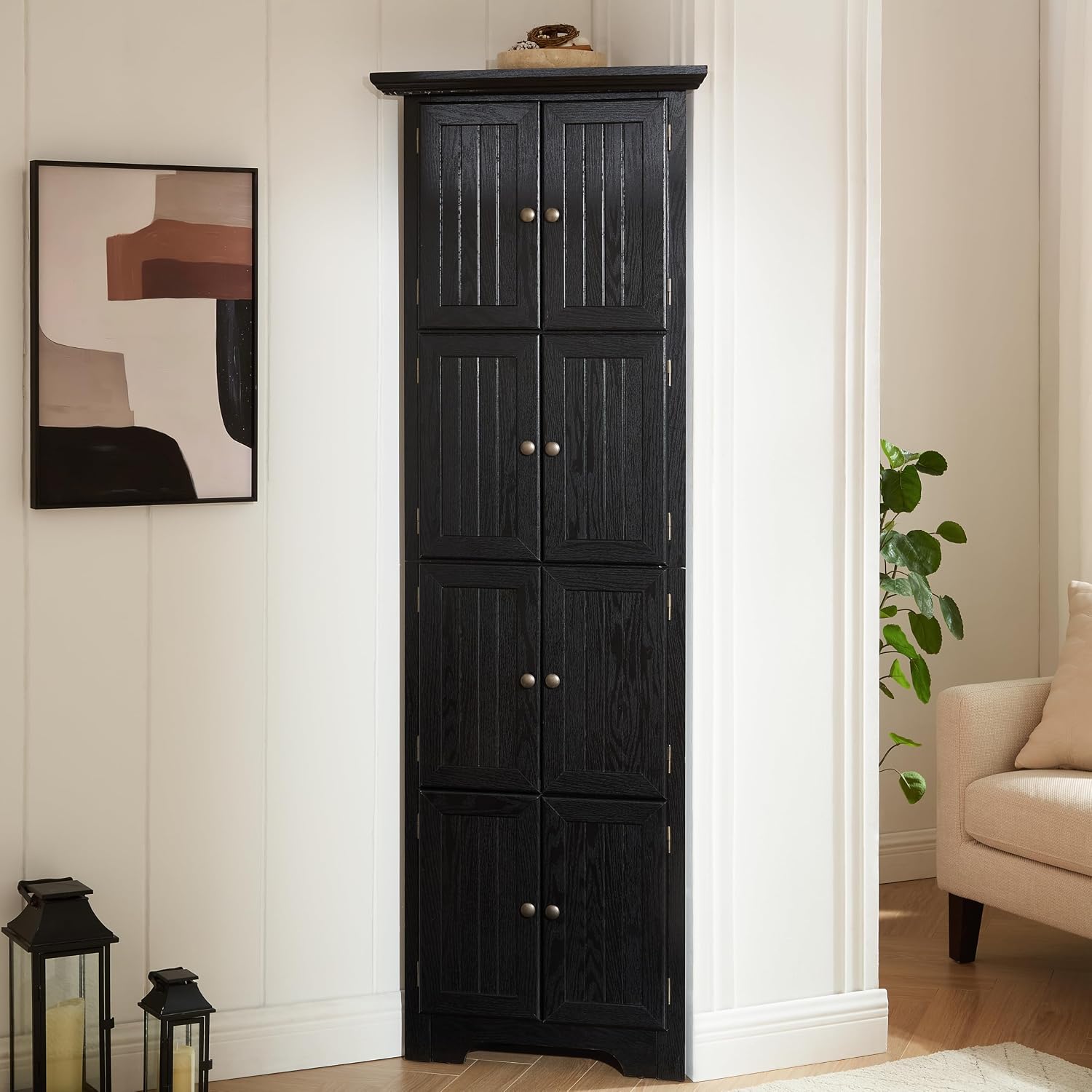 72' Sturdy Freestanding Storage Cabinet, Kitchen Storage Bakers Rack with Tiered Shelves, Utility Food Cupboard with Spacious Doors for Kitchen, Bathroom, Living Room, Black