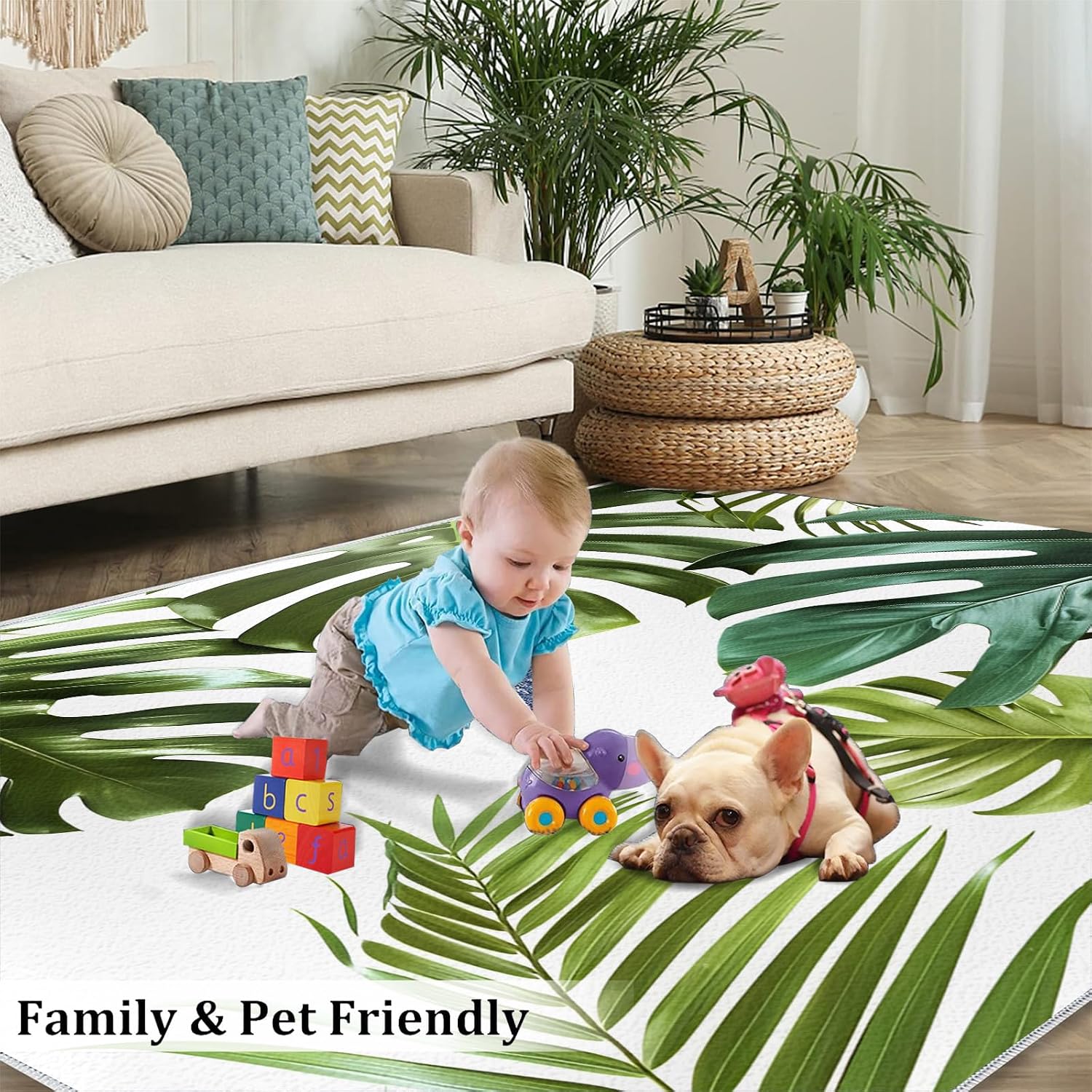 Area Rug 6x8ft, Simple Plants Rugs for Living Room, Leaves Tropical Theme Bedroom Rugs, Ultra Soft Non-Slip Short Pile Carpet for Kids Room Under Kitchen Table Office Bedside