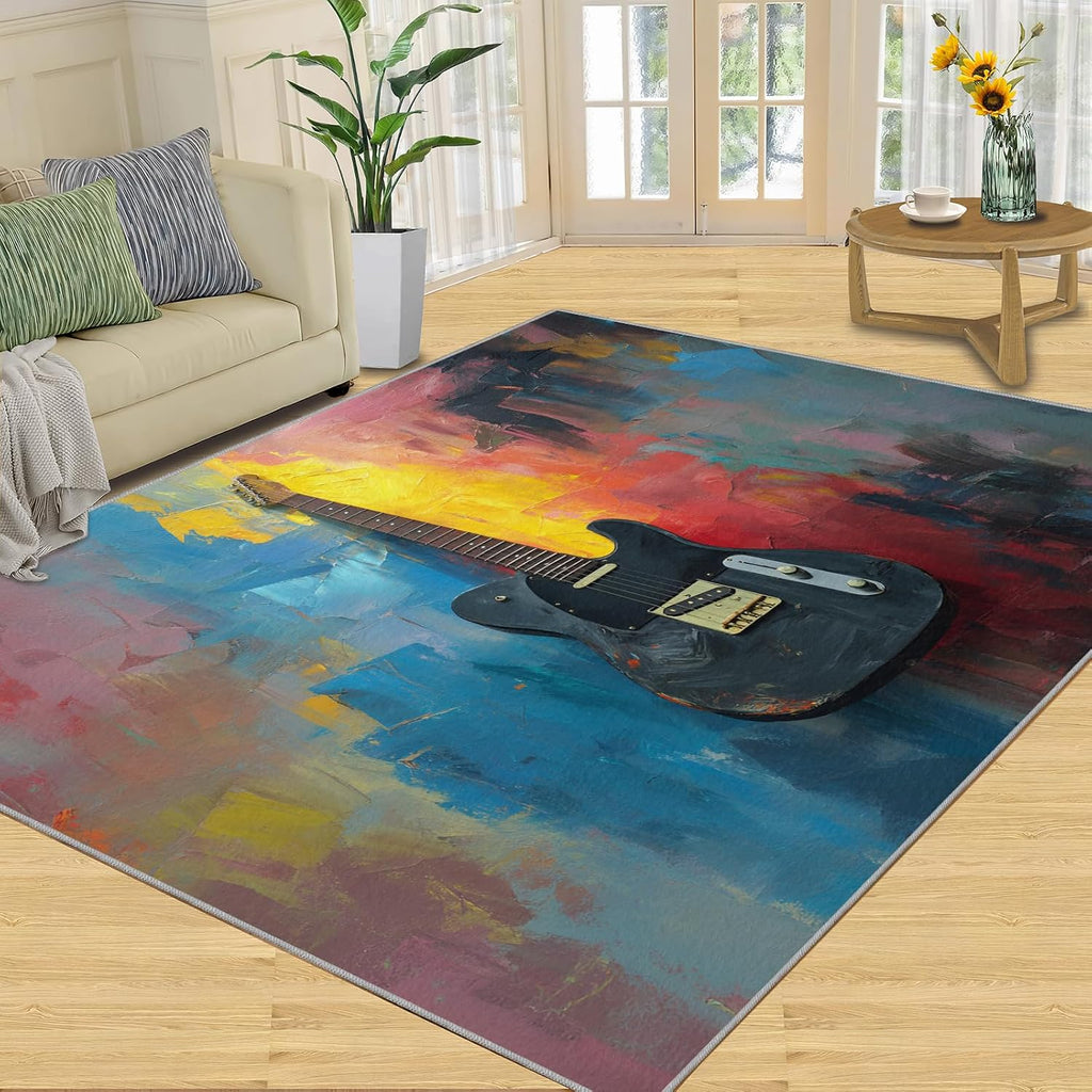 Guitar Rugs for Music Room - Boys Musical Rug, 6x8 Rug, Music Washable Rugs for Living Room Bedroom, Abstract Graffiti Area Rug, Rock and Roll Carpet - Home Decor, Electric Guitars Gifts for Men