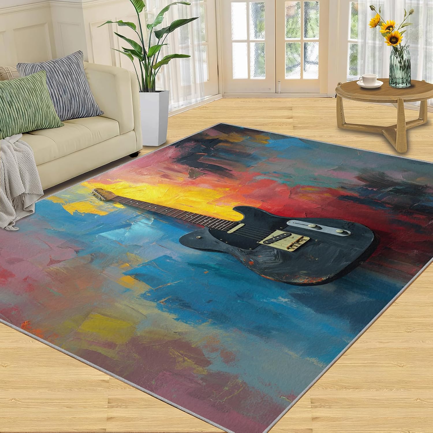Guitar Rugs for Music Room - Boys Musical Rug, 6x8 Rug, Music Washable Rugs for Living Room Bedroom, Abstract Graffiti Area Rug, Rock and Roll Carpet - Home Decor, Electric Guitars Gifts for Men
