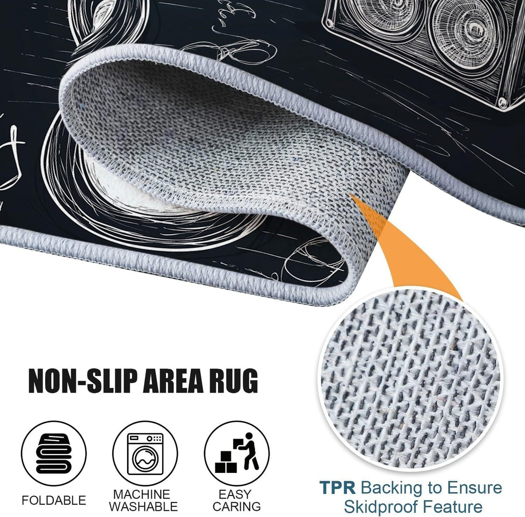 Area Rug 6x8 ft Hdrawn Musical Instrument Guitar Washable Rugs, Soft Non-Slip Faux Wool Rug for Living Room, Bedroom, Farmhouse, Dining Room, Office, Home Decor Carpet