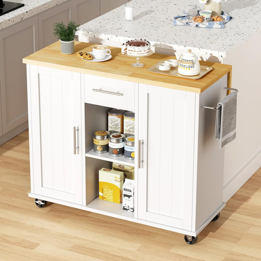 JY QAQA 42' Rolling Kitchen Island Cart with Storage, Drop Leaf Countertop, Drawers & Towel Rack, Mobile Kitchen Table on Wheels for Kitchen Dining Room, White