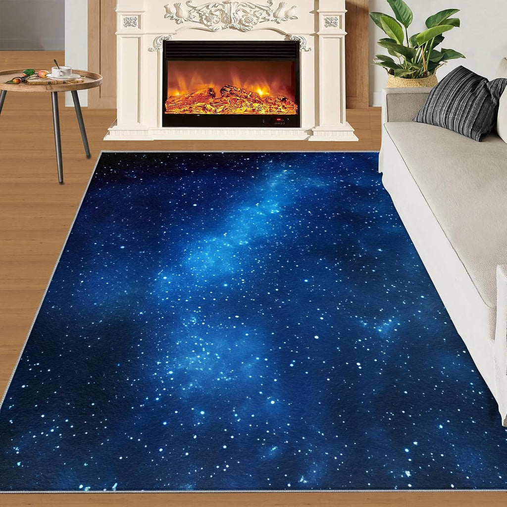 Blue Starry Sky Area Rug - Large Rug 6x8 - Stars Rugs for Living Room - Soft & Non Slip & Washable Rugs for Bedroom, Nebula Carpets for Dining Room Lounge Girls Room