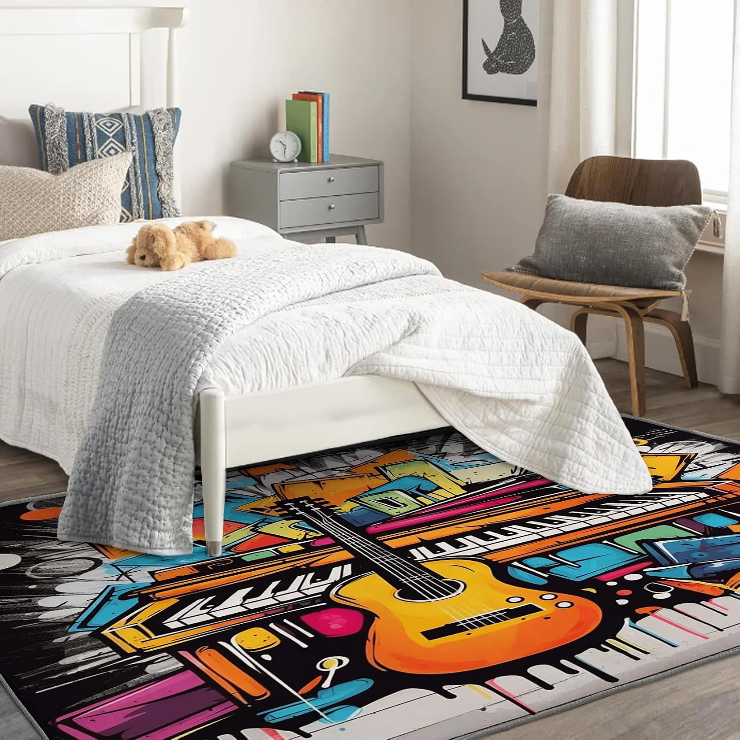 Graffiti Rug 6x9 ft, Music Themed Area Rug, Guitar Rugs for Living Room Bedroom, Piano Carpet, Kids Room Decor for Boys Girls, Washable Non Slip Soft Low Pile Indoor Area Rugs