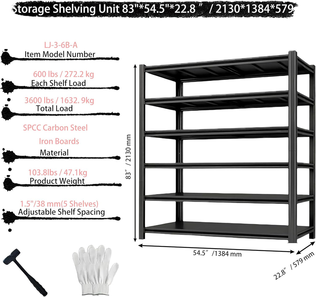 Industrial Storage Rack,Heavy-Duty Steel Shelving Unit,6-Tier Multi-Purpose Garage Organization System Black 83' H x 54.5' W x 22.8' D