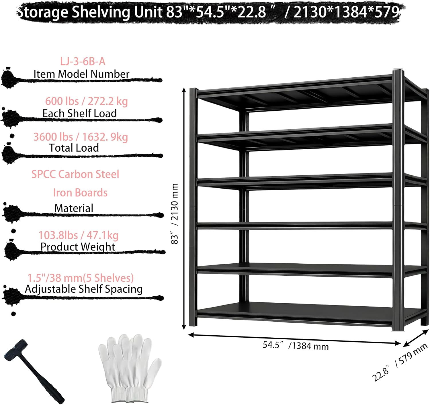 Industrial Storage Rack,Heavy-Duty Steel Shelving Unit,6-Tier Multi-Purpose Garage Organization System Black 83' H x 54.5' W x 22.8' D