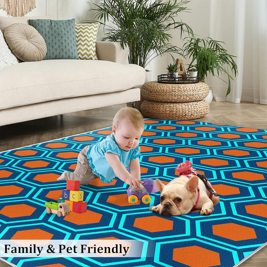 Mid-Century Geometry Art Area Rug, Orange Blue Hexagon Rugs for Living Room, Indoor Non-Slip Kids Rugs, Machine Washable Breathable Durable Carpet for Front Entrance Floor Decor,6 x 8ft