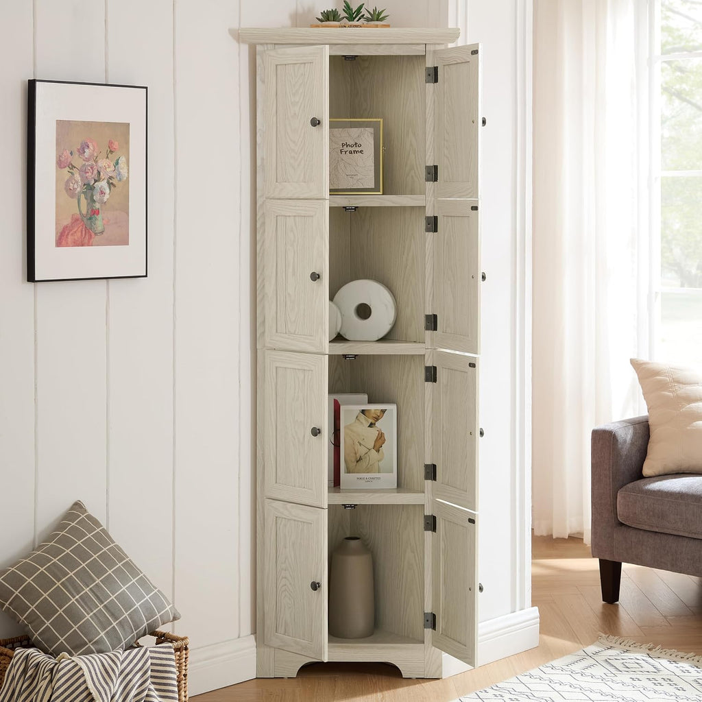 72' Sturdy Freestanding Storage Cabinet, Kitchen Storage Bakers Rack with Tiered Shelves, Utility Food Cupboard with Spacious Doors for Kitchen, Bathroom, Living Room, White