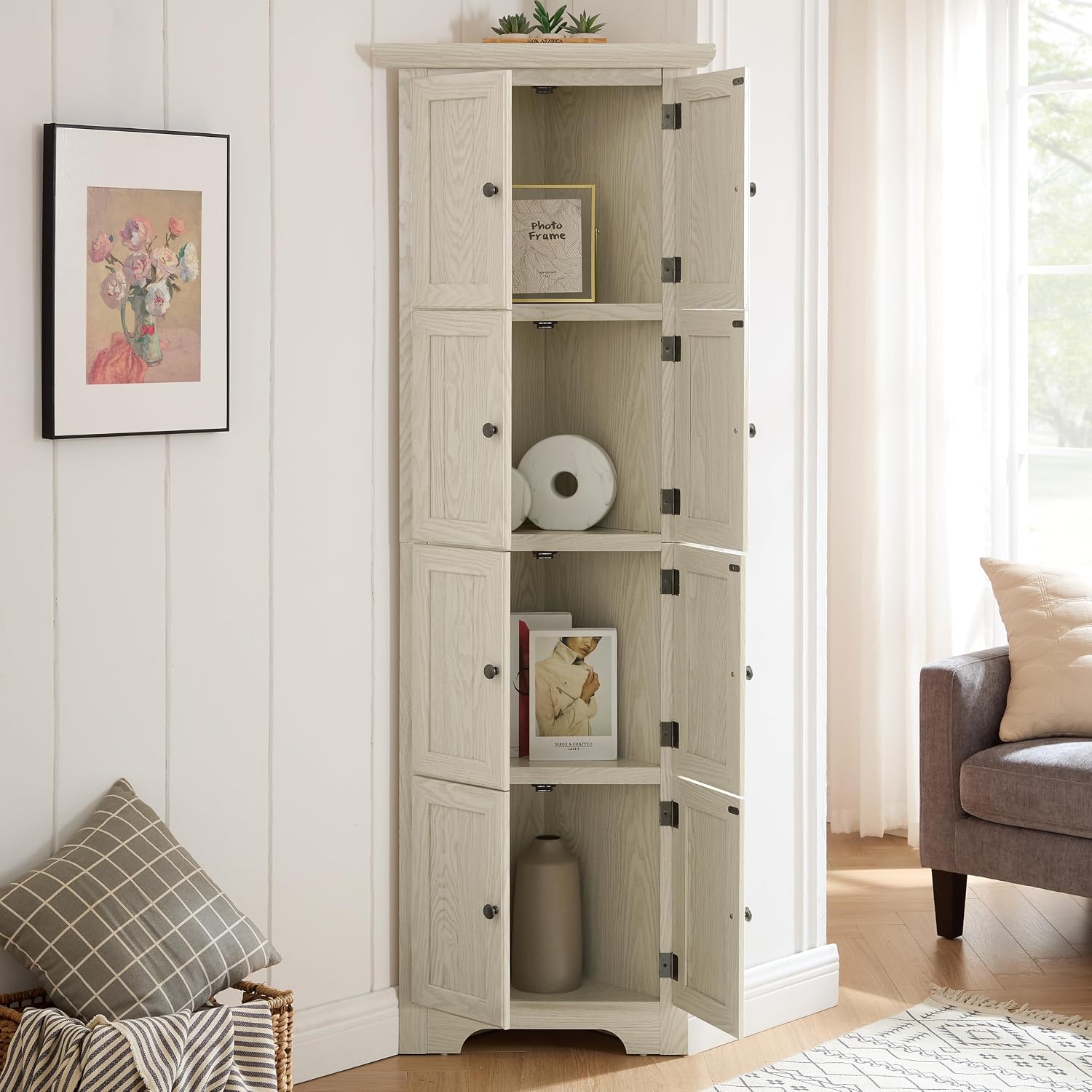72' Sturdy Freestanding Storage Cabinet, Kitchen Storage Bakers Rack with Tiered Shelves, Utility Food Cupboard with Spacious Doors for Kitchen, Bathroom, Living Room, White