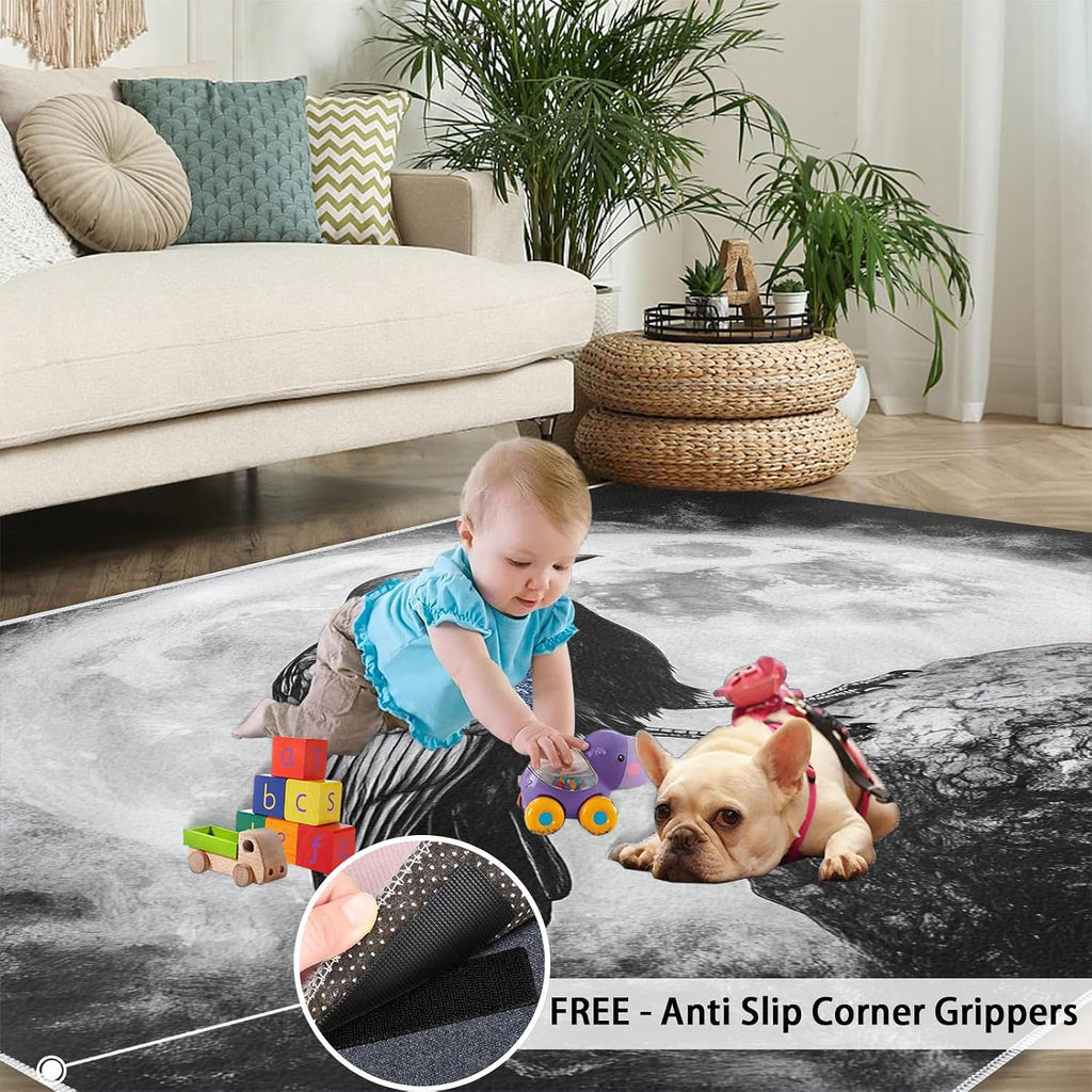 Black and White Carpet - Large Rug 6x8 - Crow Rugs for Living Room - Soft & Non Slip & Washable Rugs for Bedroom, Full Moon Carpets for Dining Room Lounge Girls Room