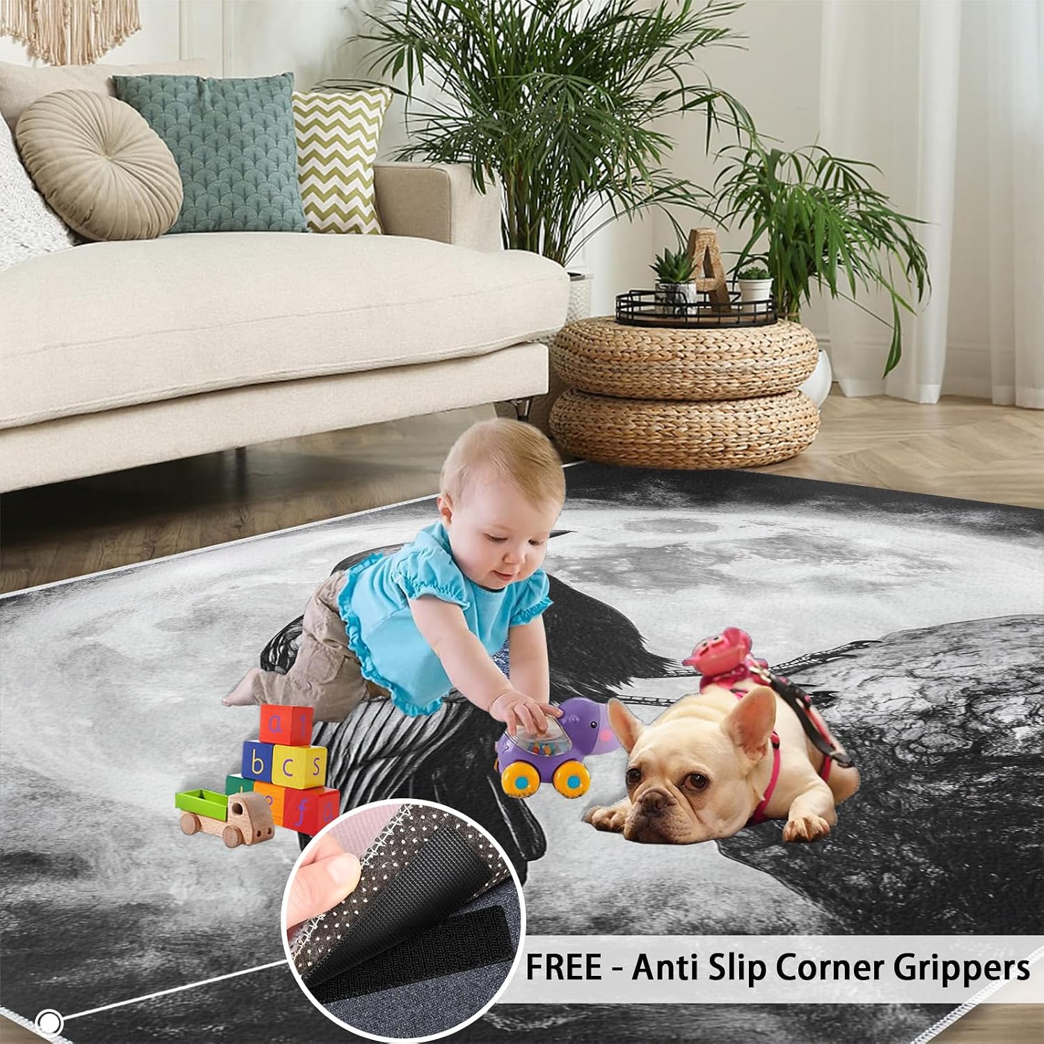 Black and White Carpet - Large Rug 6x8 - Crow Rugs for Living Room - Soft & Non Slip & Washable Rugs for Bedroom, Full Moon Carpets for Dining Room Lounge Girls Room