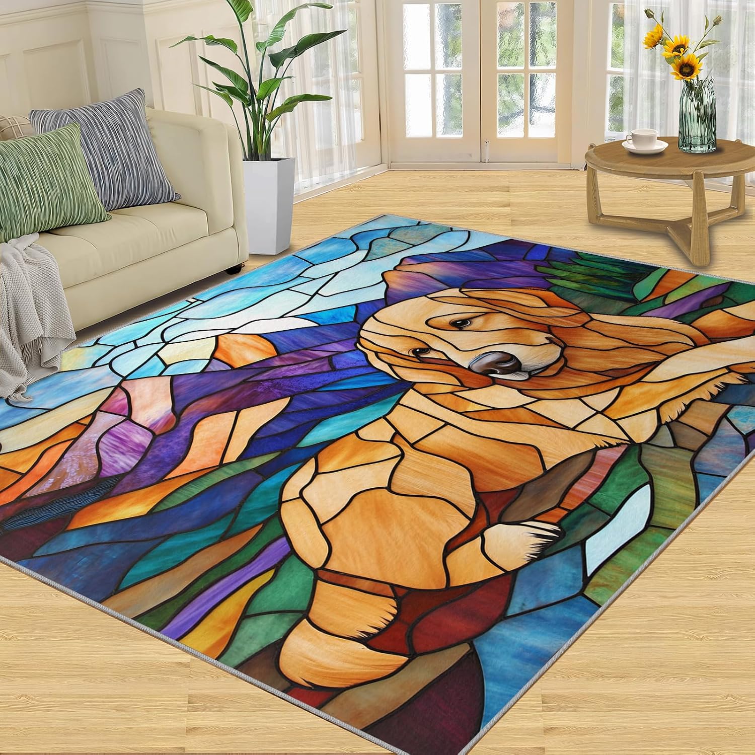 Golden Retriever Rug 6x8, Abstract Dog Rugs for Living Room, Oil Painting Dog Area Rug, Washable Rugs for Bedroom, Kitchen Dining Room Decor Carpet