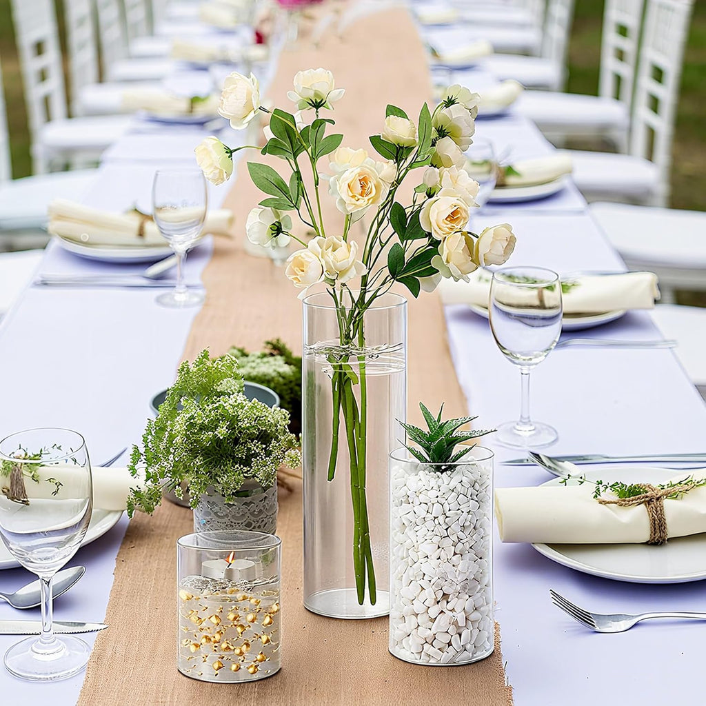 Nuogo 60 Pcs Plastic Cylinder Vases Tall Plastic Flower Vases for Centerpieces Hurricane Candle Holder for Home Wedding Office Party Formal Dinners Decorations (4''/6''/8'')