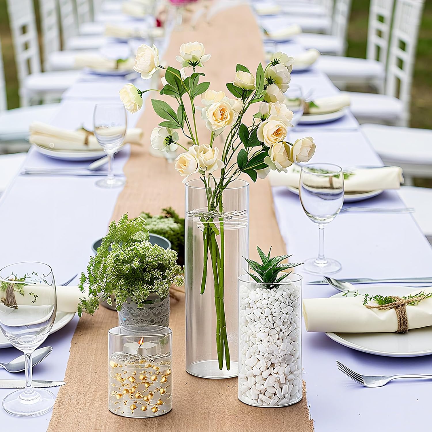 Nuogo 60 Pcs Plastic Cylinder Vases Tall Plastic Flower Vases for Centerpieces Hurricane Candle Holder for Home Wedding Office Party Formal Dinners Decorations (4''/6''/8'')