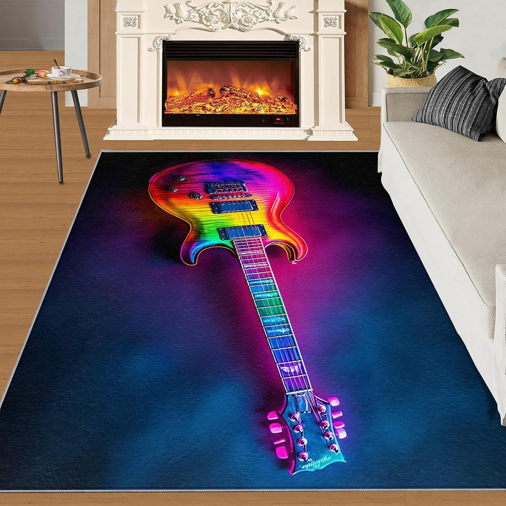 Guitar Rug 6x9, Neon Guitar Rugs for Bedroom, Music Rugs for Living Room, Washable Area Rug for Boys Girls Room, Non Slip & Low Pile Carpet