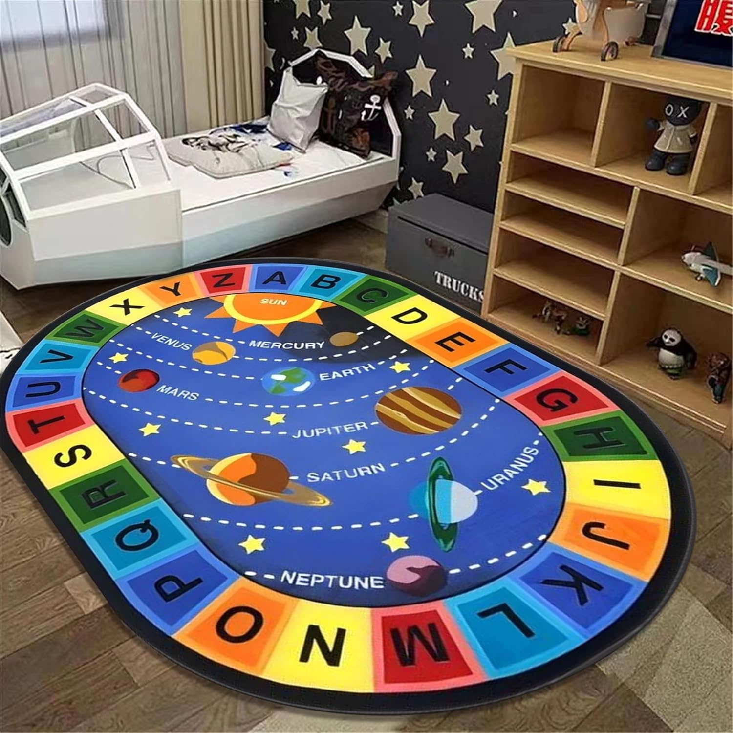 Children's Educational Learning Area Rugs,6x8ft,ABC Alphabet Planet Fun Classroom Carpet, Large Oval Non-Slip Washable Game Mat, Suitable for Children's Room Bedroom Playroom Decorative Carpet
