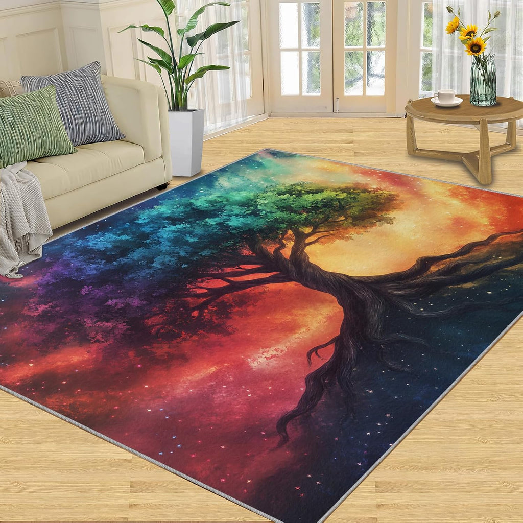 Fantasy Tree Rugs for Bedroom, Tree of Life Rug 6x8, Fantasy Starry Sky Dining Room Rugs Washable & Non Slip Large Carpet for Home Decor