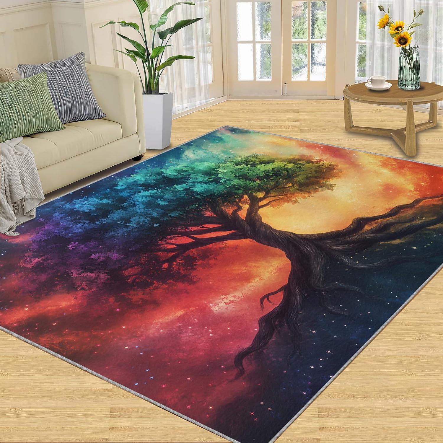 Fantasy Tree Rugs for Bedroom, Tree of Life Rug 6x8, Fantasy Starry Sky Dining Room Rugs Washable & Non Slip Large Carpet for Home Decor