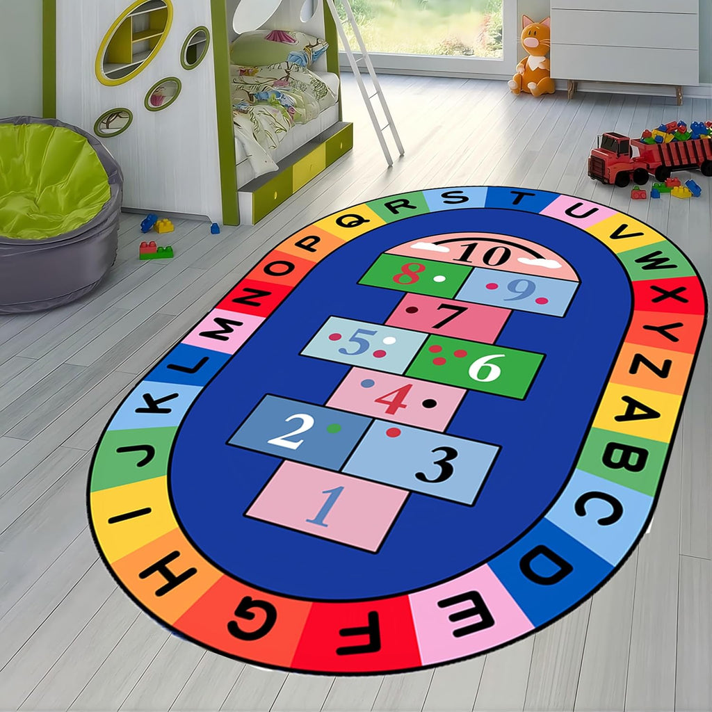 Large Oval Children's Game Area Rug,6x8ft,Cartoon Color Letter Hopscotch Rug,Elementary School Kindergarten Classroom Decorative Rug, Suitable for Children's Room Game Non-Slip Crawling Mat
