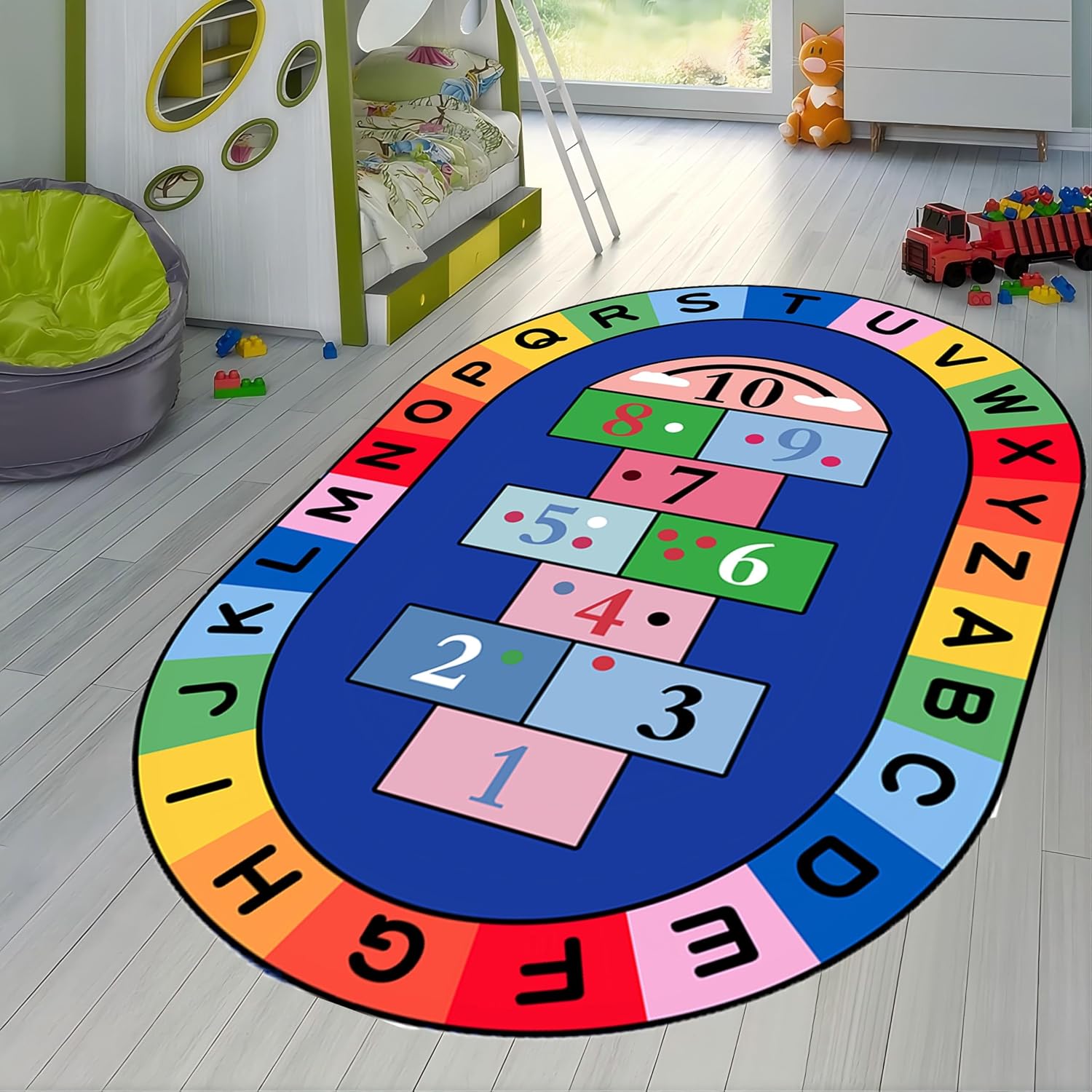 Large Oval Children's Game Area Rug,6x8ft,Cartoon Color Letter Hopscotch Rug,Elementary School Kindergarten Classroom Decorative Rug, Suitable for Children's Room Game Non-Slip Crawling Mat