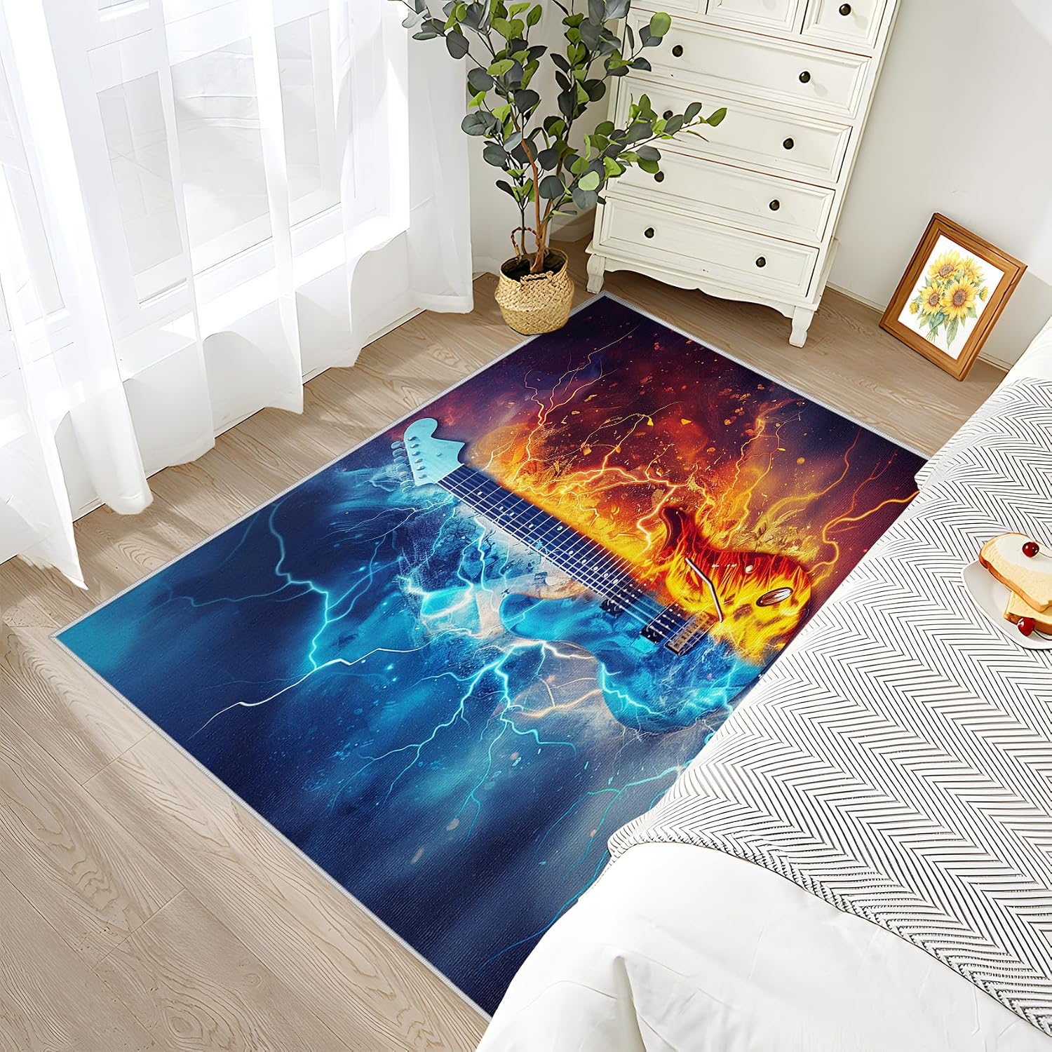 Guitar Rugs for Music Room - Music Rug, 5x8 Rug, Electric Guitars Washable Rugs for Living Room Bedroom, Boys Cool Musical Area Rug, Rock and Roll Carpet - Home Decor, Guitar Gifts for Men
