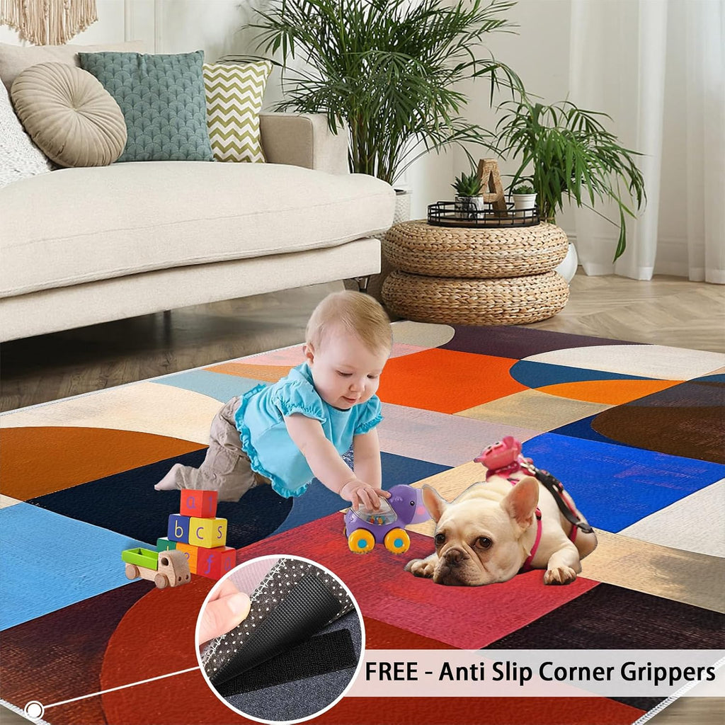 Geometric Rugs for Bedroom, Abstract Color Blocks Rug 6x8, Modern Minimalist Decor Dining Room Rugs Washable & Non Slip Large Carpet for Home Decor