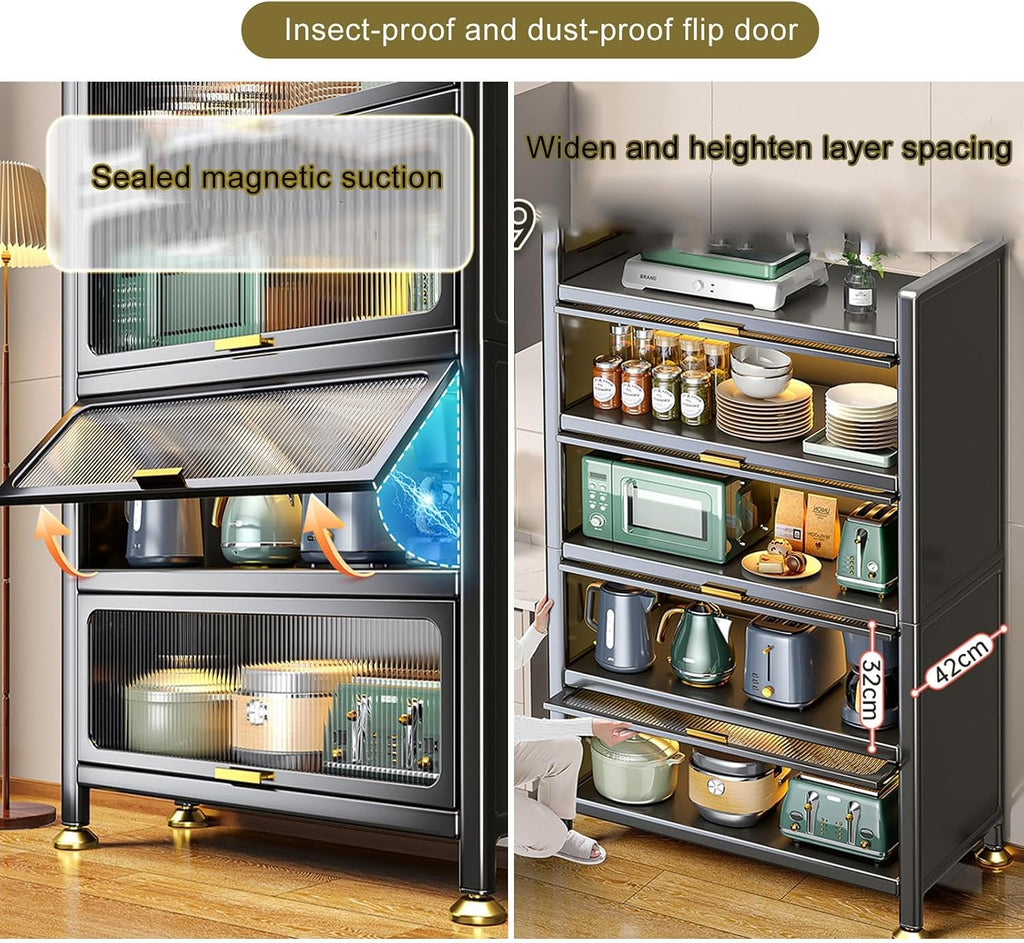 ,Freestanding Baker's Rack with Flip Door,Microwave Stand,Modern Sideboard,for, Living Room, Office,Metal Storage Rack,White-80x42x144cm