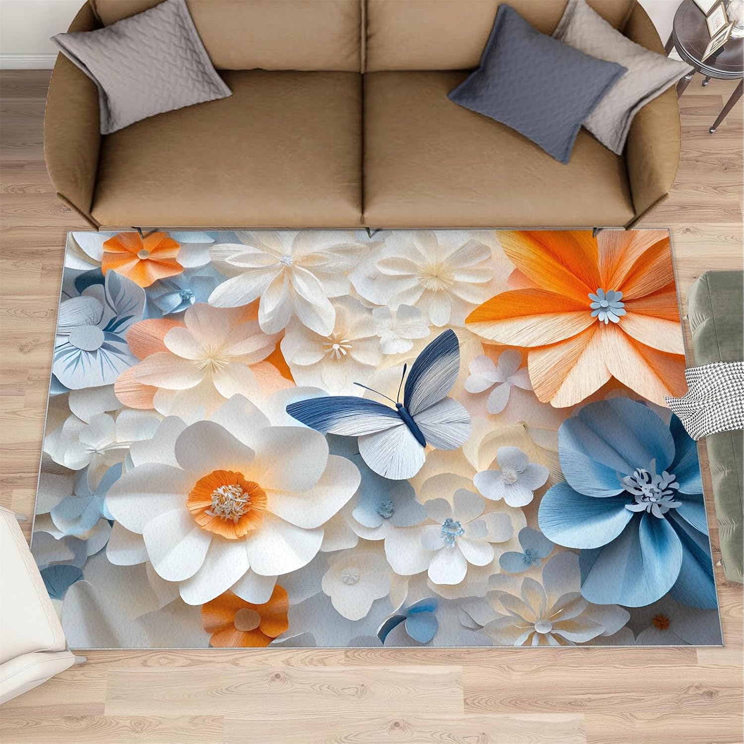 Flowers Rug 6x8, Butterfly Rugs for Bedroom, Relief Flowers Rugs for Living Room, Washable Area Rug for Boys Girls Room, Non Slip & Low Pile Carpet