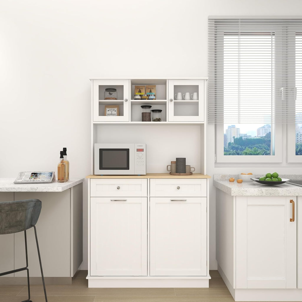 68' 3-Adjustable-Shelf Freestanding Storage Cabinet, Kitchen Storage Bakers Rack with Trash Cabinet, Utility Food Cupboard for Home, White