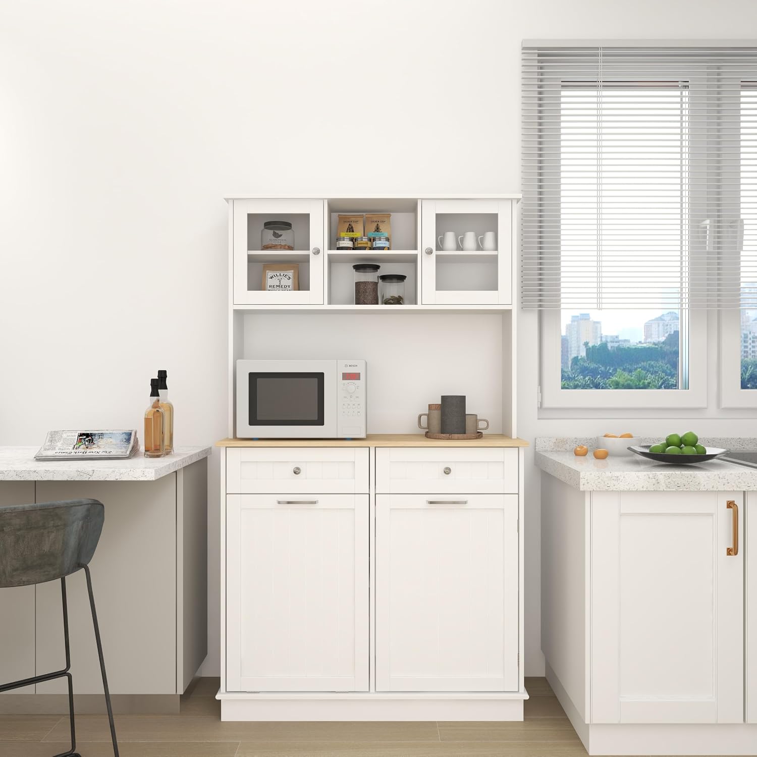 68' 3-Adjustable-Shelf Freestanding Storage Cabinet, Kitchen Storage Bakers Rack with Trash Cabinet, Utility Food Cupboard for Home, White