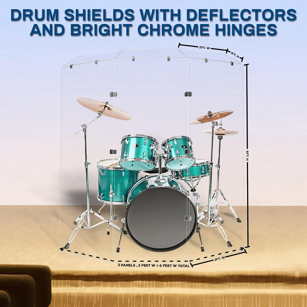 PENNZONI Drum Shield 6ft w/Deflectors & Chrome Hinges, Comes w/ 3 Drum Panels, 3 Deflectors, Chrome Hinges & Deflector Connectors, Premium Clear Acrylic Panels