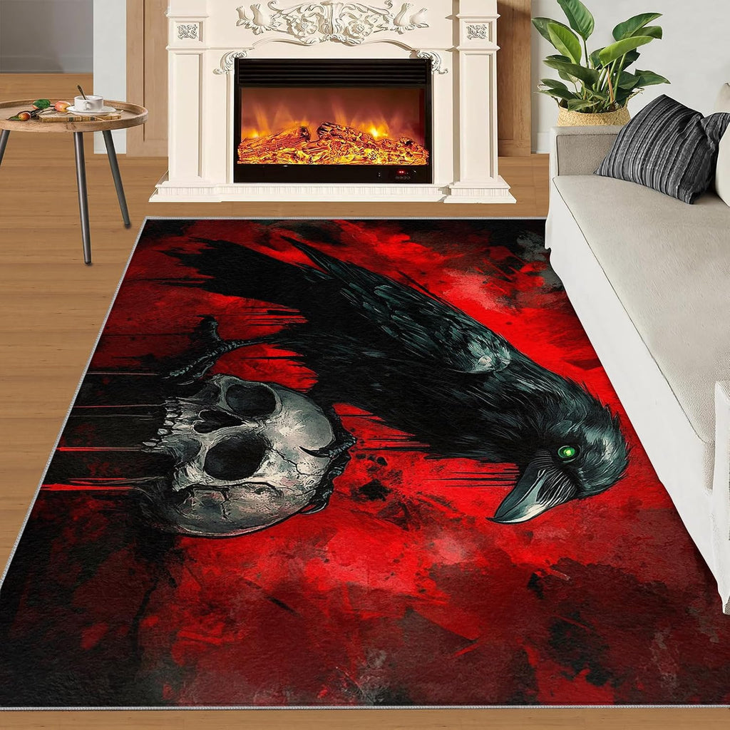 Gothic Skull Crow Rug 6x8-6x8 Rug, Raven Washable Rugs for Living Room, Halloween Carpet, Gothic Non-Slip Area Rugs for Bedroom, Skull Crow Carpet, Halloween Home Decor