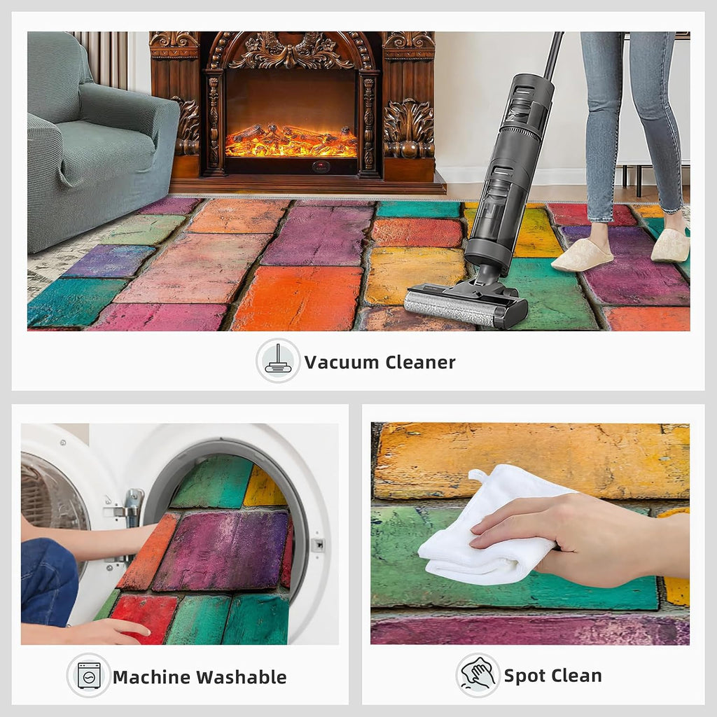 Colored Wall Tiles Area Rug, Retro Distressed Rugs for Living Room, Low Pile Soft High Traffic Rugs for Front Entrance Floor Decor Mat 6x8