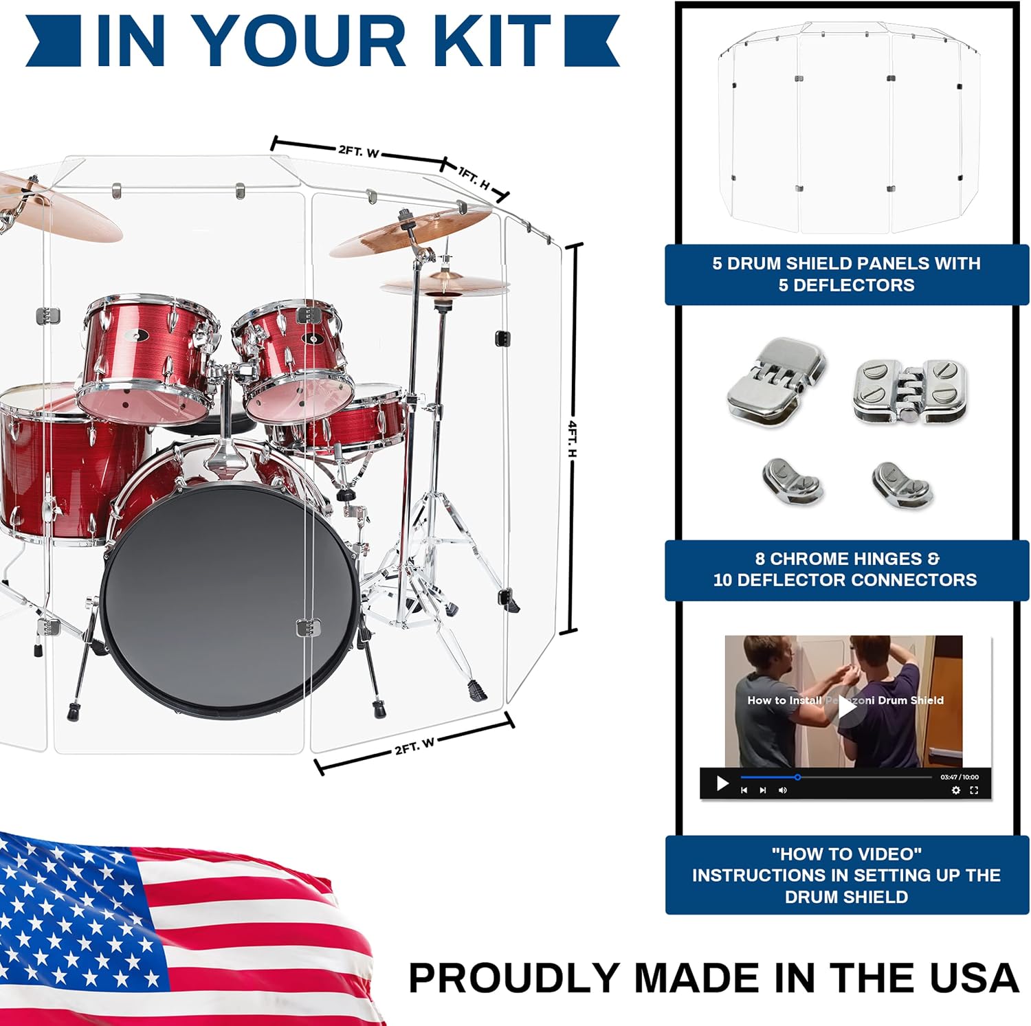 PENNZONI Drum Shield 4ft w/Deflectors & Chrome Hinges, Comes w/ 5 Drum Panels, 5 Deflectors, Chrome Hinges & Deflector Connectors, Premium Clear Acrylic Panels