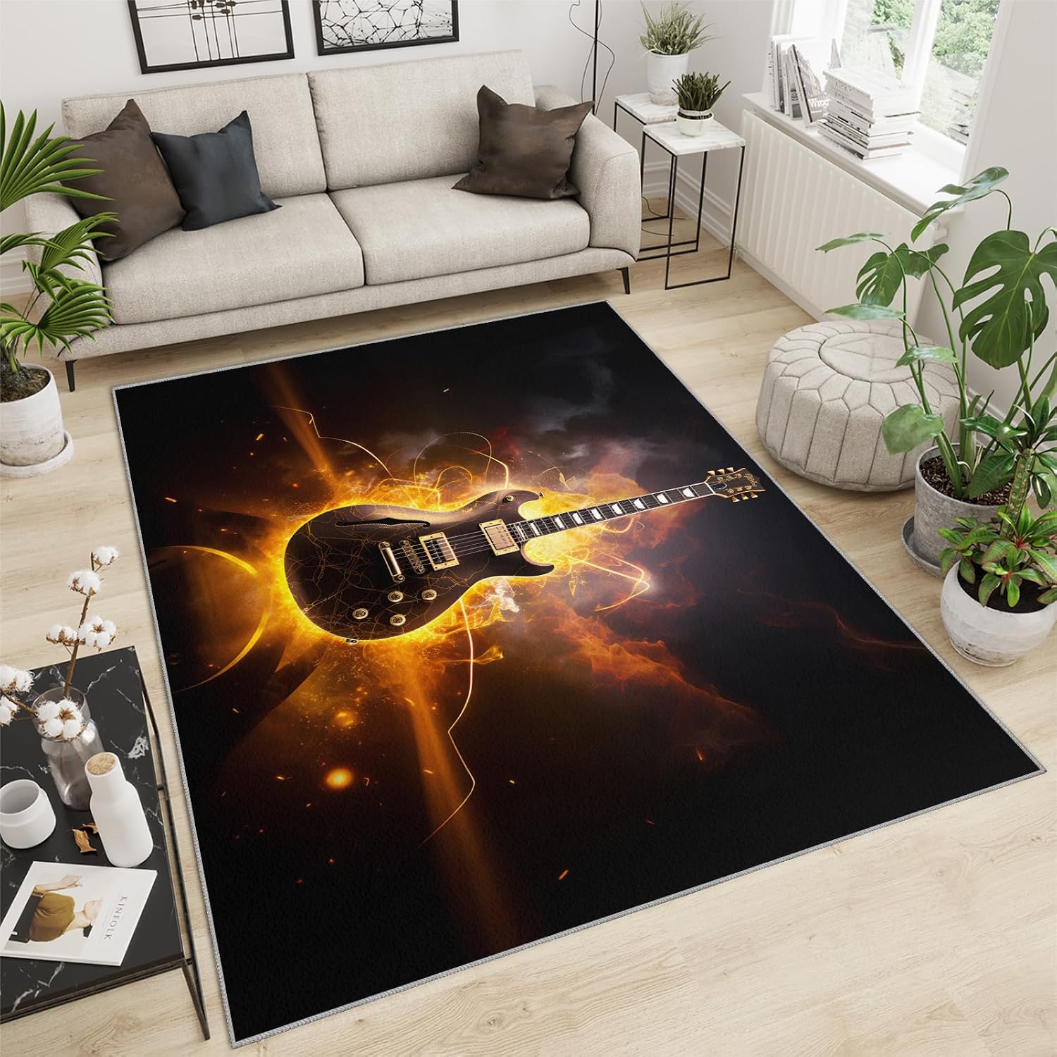 Guitar Rugs for Music Room - 5x7 Rug, Boys Musical Home Decor, Music Washable Rugs for Living Room Bedroom, Cool Gold Area Rug, Rock and Roll Carpet, Electric Guitars Gifts for Men