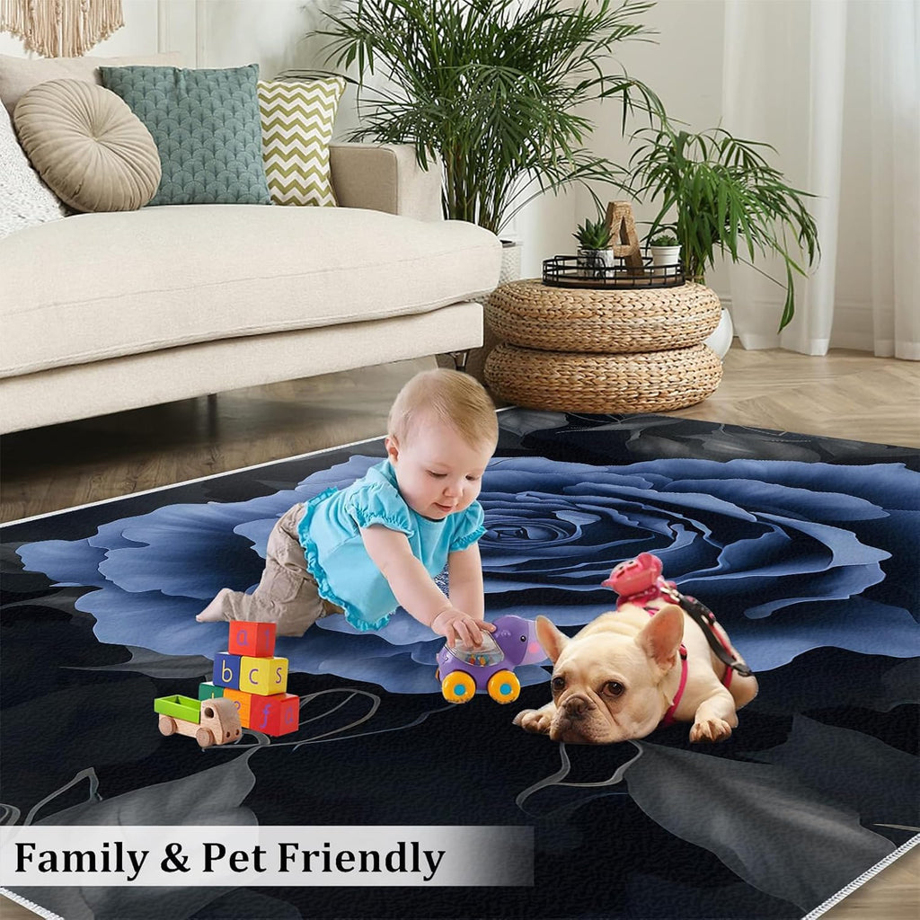 Dream Blue Roses Area Rug, Classical Black Leaves Rugs for Living Room, Indoor Non-Slip Kids Rugs, Machine Washable Breathable Durable Carpet for Front Entrance Floor Decor,6 x 8ft