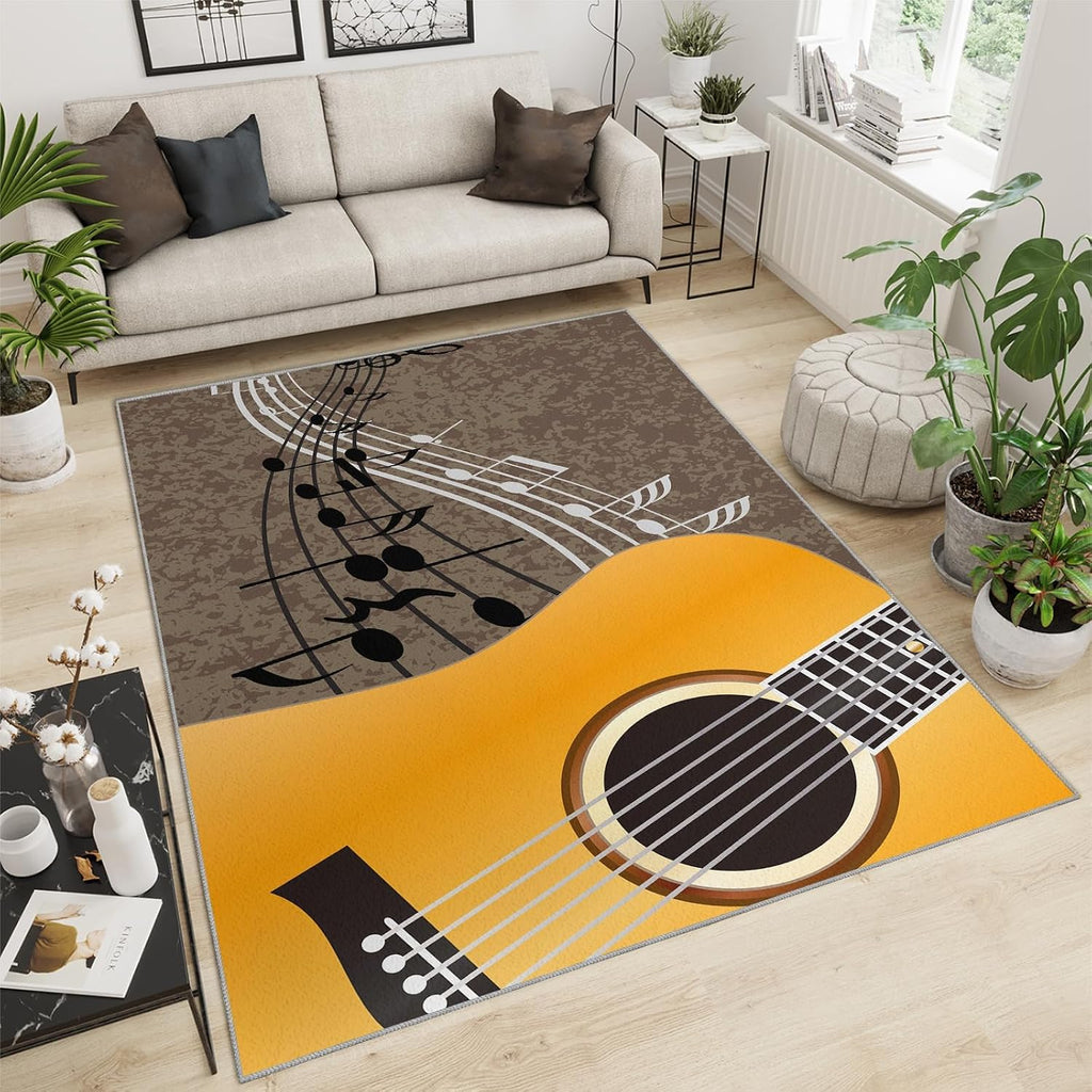 Rugs 7x9 Yellow Guitar Art Soft Washable Carpet, Yellow Guitar Music Upholstery Rug with Non-Slip Backing for Kids Boys Girls Bedroom Living Room Dining Room Study