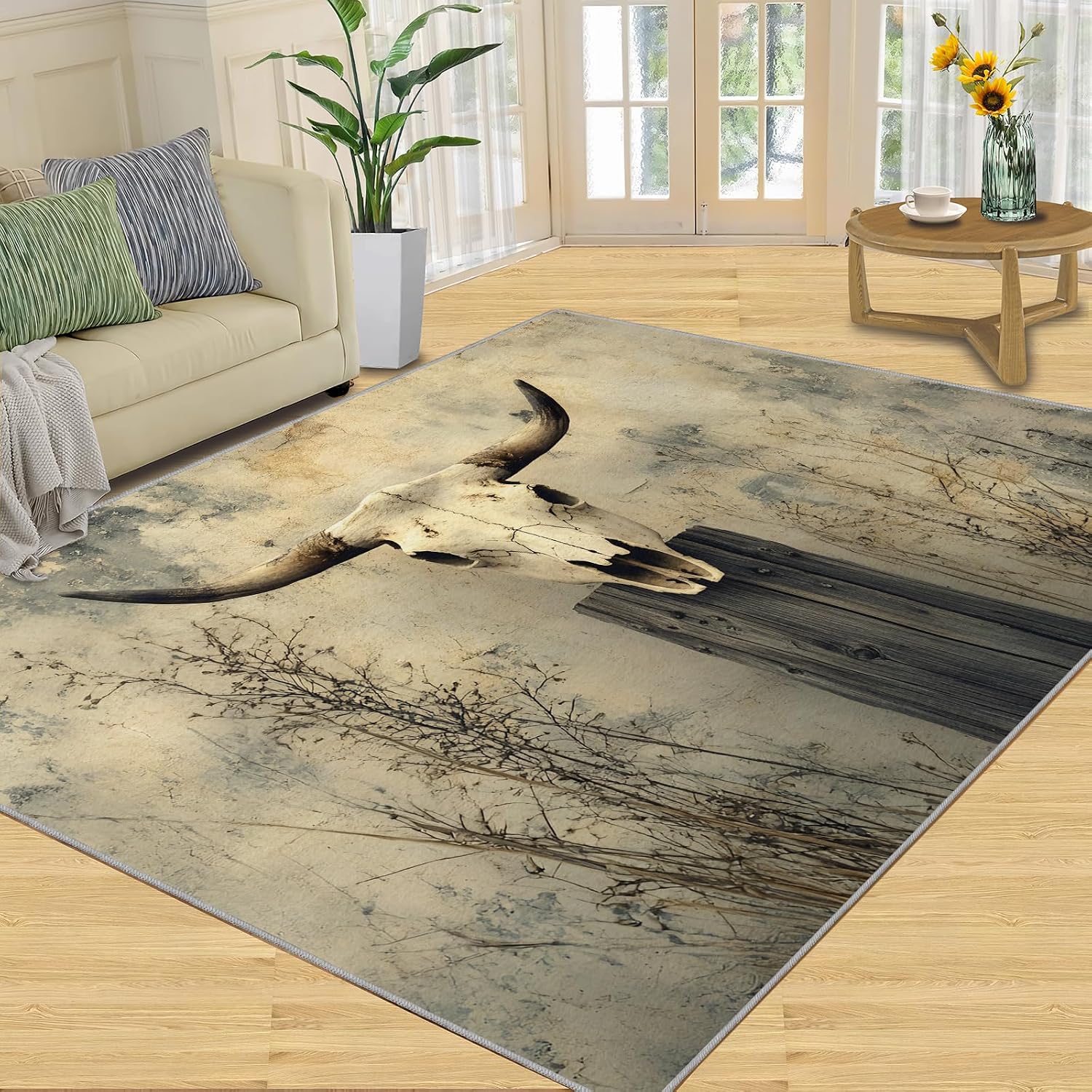Cow Skull Area Rug 6x8, Nationality Rugs for Bedroom, Retro Rugs for Boys Room, Low Pile Non Slip Carpet for Computer Game Room Dormitory