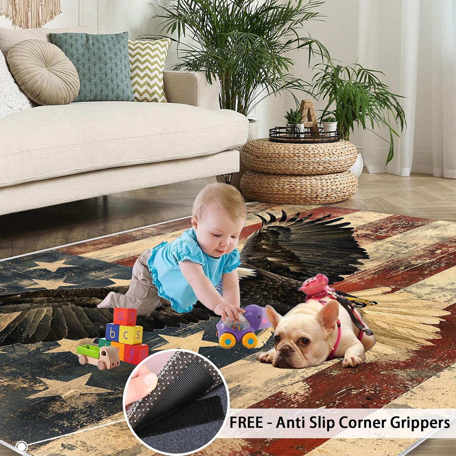 American Flag Rug 6x8, Bald Eagle Rugs for Living Room, American Symbol Rugs for Bedroom, Non Slip Washable Area Rug, Low Pile Carpet for Hardwood Floors