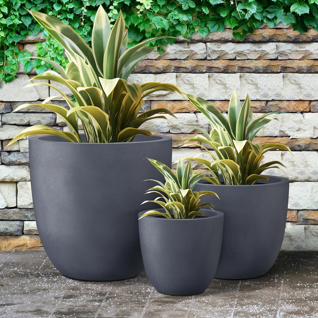 Kante 18',14',10' Dia Concrete Round Planters (Set of 3), Outdoor Indoor Large Planter Pots with Drainage Hole and Rubber Plug for Home Patio Garden, Charcoal