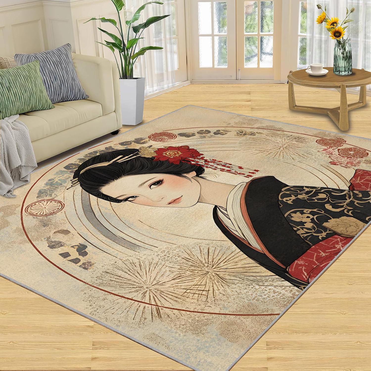 Japanese Area Rug Large - 6x8 Rug, Kimono Girl Rugs for Living Room, Asian Style Carpet, Anime Girl Washable Area Rugs for Bedroom, Retro Carpet, Japanese Home Decor