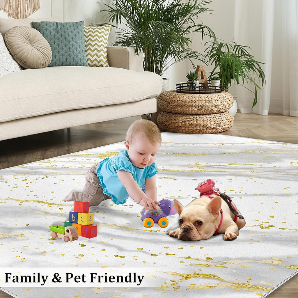 White Gray Marble Texture Area Rug, Light Luxury Gold Geometric Stripe Indoor Non-Slip Kids Rugs, Machine Washable Breathable Durable Carpet for Front Entrance Floor Decor,6 x 8ft