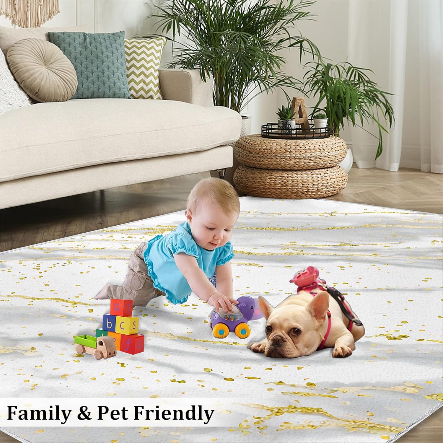White Gray Marble Texture Area Rug, Light Luxury Gold Geometric Stripe Indoor Non-Slip Kids Rugs, Machine Washable Breathable Durable Carpet for Front Entrance Floor Decor,6 x 8ft