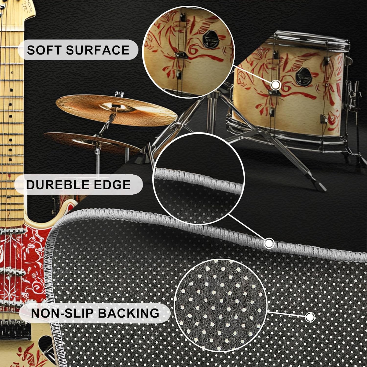 Music Area Rug Large - 5x7 Rug, Guitar Rugs for Living Room, Drum Set Carpet, Acoustic Guitar Washable Area Rugs for Bedroom, Boys Room Carpet, Music Home Decor & Gifts