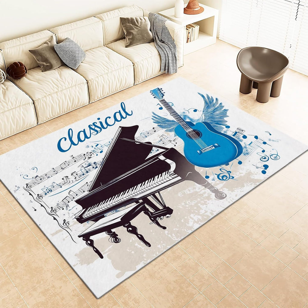 Area Rug for Living Room 5x8 ft Piano Guitar Musical Instruments Washable Rugs Modern Soft Non-Slip Rug Non-Shedding Indoor Carpet for Bedroom Dining Room Home Office Kids Playroom
