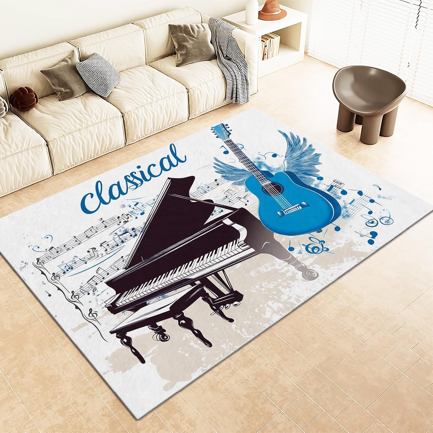 Area Rug for Living Room 5x8 ft Piano Guitar Musical Instruments Washable Rugs Modern Soft Non-Slip Rug Non-Shedding Indoor Carpet for Bedroom Dining Room Home Office Kids Playroom